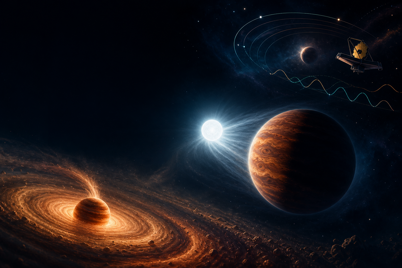 Artist's concept of a young planet collecting gas, a brown dwarf with a hot dayside and cool nightside, and a space telescope observing a distant planet